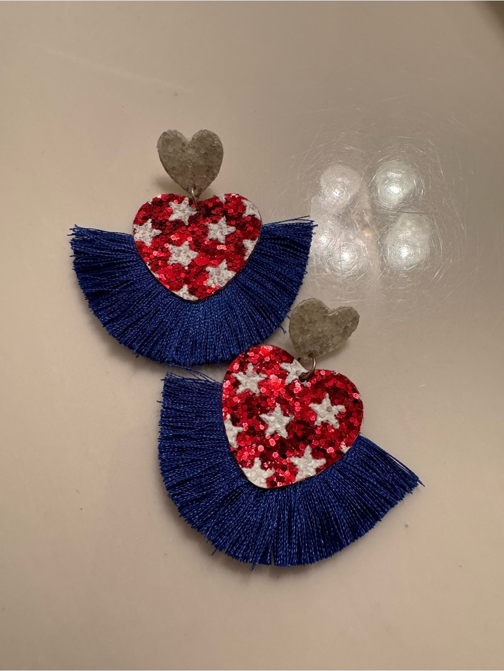 Patriotic Red Sequin Heart Fringe Earrings with Blue Tassels